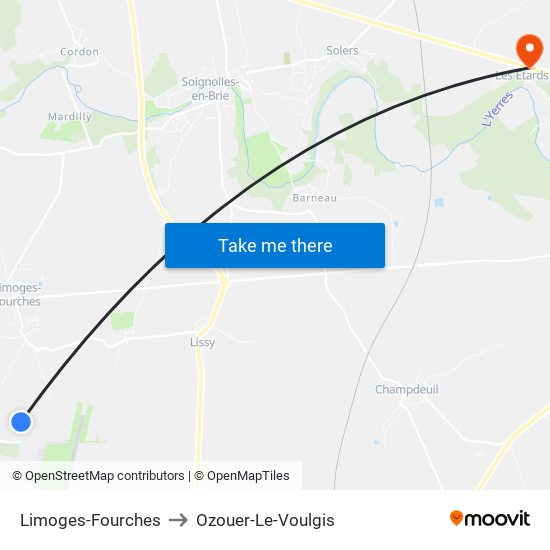 Limoges-Fourches to Ozouer-Le-Voulgis map