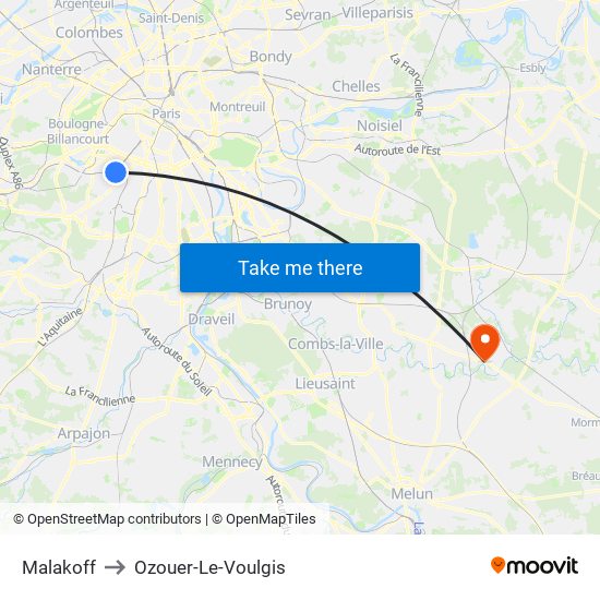 Malakoff to Ozouer-Le-Voulgis map