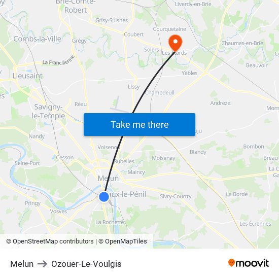 Melun to Ozouer-Le-Voulgis map