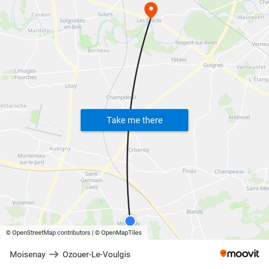 Moisenay to Ozouer-Le-Voulgis map