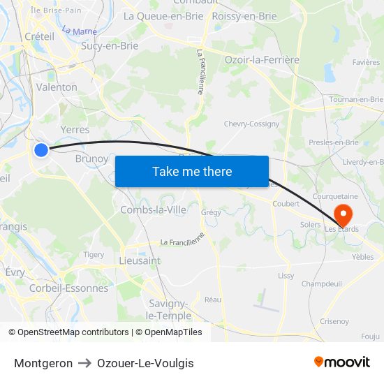 Montgeron to Ozouer-Le-Voulgis map