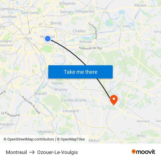 Montreuil to Ozouer-Le-Voulgis map