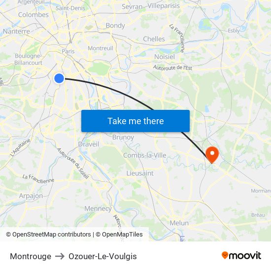 Montrouge to Ozouer-Le-Voulgis map