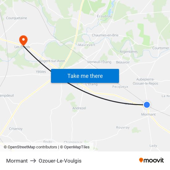 Mormant to Ozouer-Le-Voulgis map