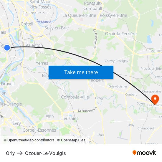 Orly to Ozouer-Le-Voulgis map
