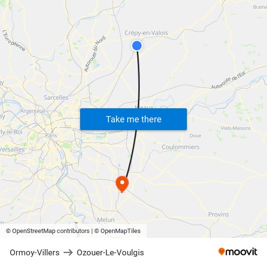 Ormoy-Villers to Ozouer-Le-Voulgis map
