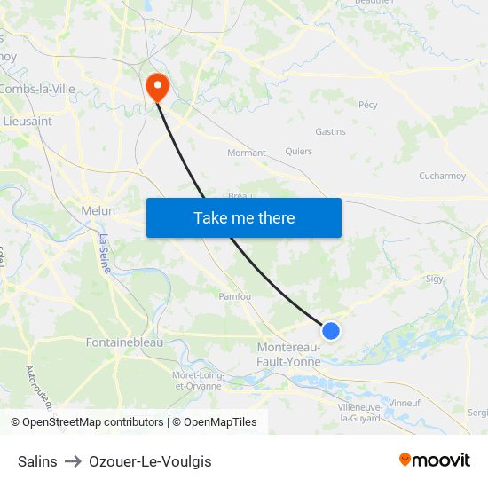 Salins to Ozouer-Le-Voulgis map