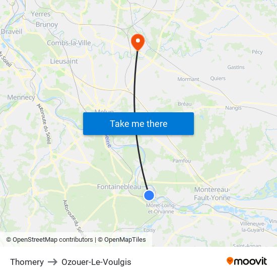 Thomery to Ozouer-Le-Voulgis map