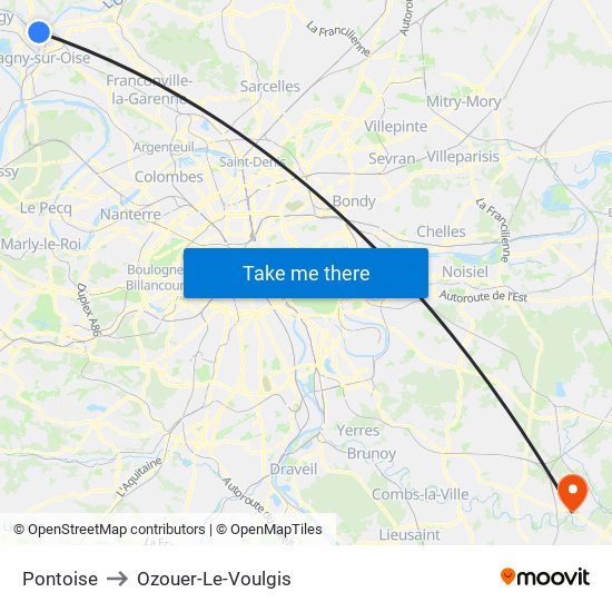 Pontoise to Ozouer-Le-Voulgis map
