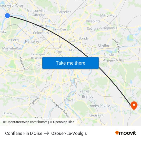 Conflans Fin D'Oise to Ozouer-Le-Voulgis map