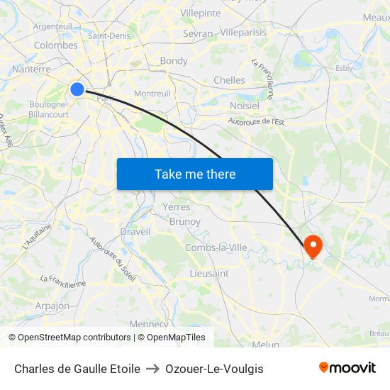 Charles de Gaulle Etoile to Ozouer-Le-Voulgis map