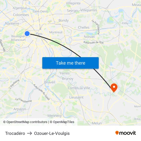 Trocadéro to Ozouer-Le-Voulgis map
