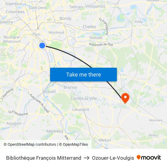 Bibliothèque François Mitterrand to Ozouer-Le-Voulgis map