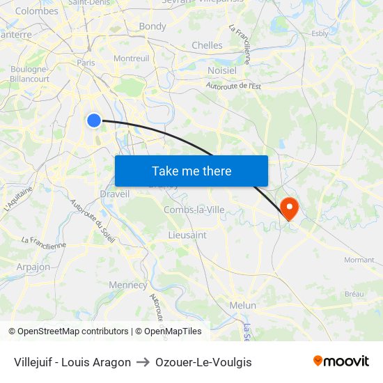 Villejuif - Louis Aragon to Ozouer-Le-Voulgis map