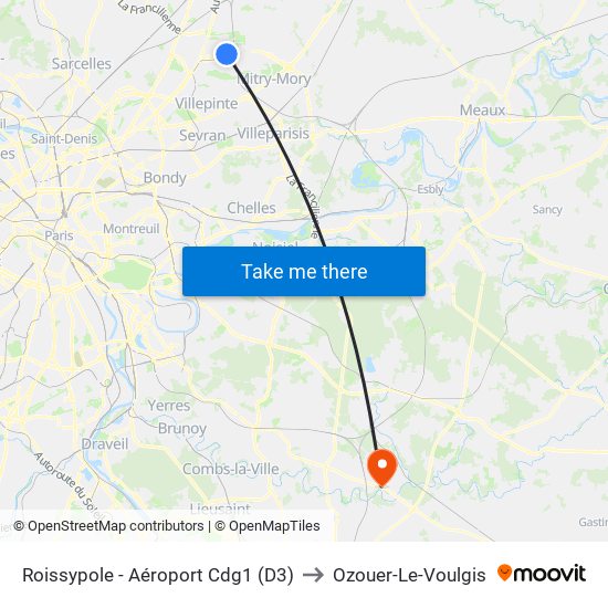 Roissypole - Aéroport Cdg1 (D3) to Ozouer-Le-Voulgis map