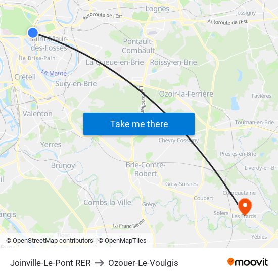 Joinville-Le-Pont RER to Ozouer-Le-Voulgis map
