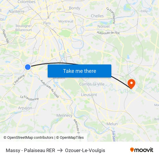 Massy - Palaiseau RER to Ozouer-Le-Voulgis map