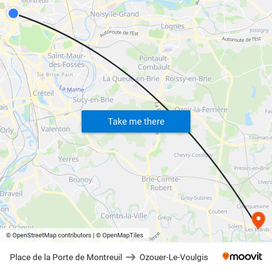Place de la Porte de Montreuil to Ozouer-Le-Voulgis map
