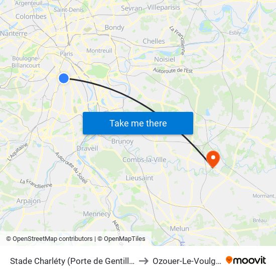 Stade Charléty (Porte de Gentilly) to Ozouer-Le-Voulgis map