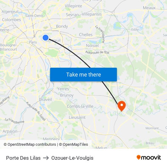 Porte Des Lilas to Ozouer-Le-Voulgis map