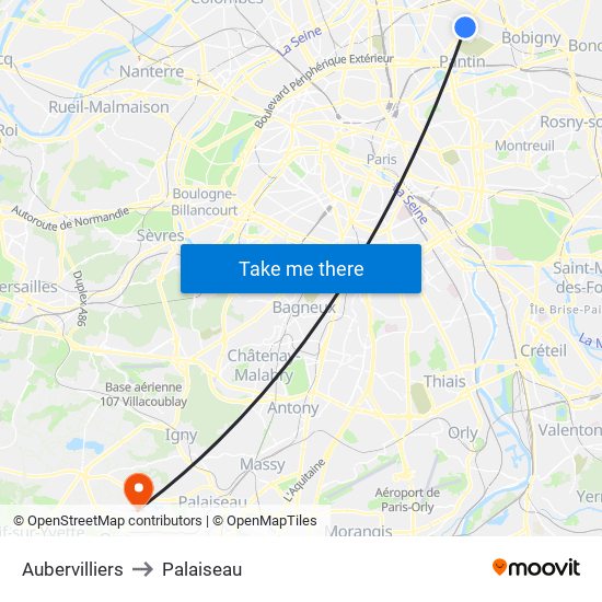 Aubervilliers to Palaiseau map
