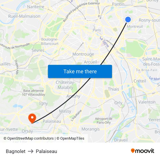 Bagnolet to Palaiseau map