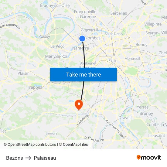 Bezons to Palaiseau map