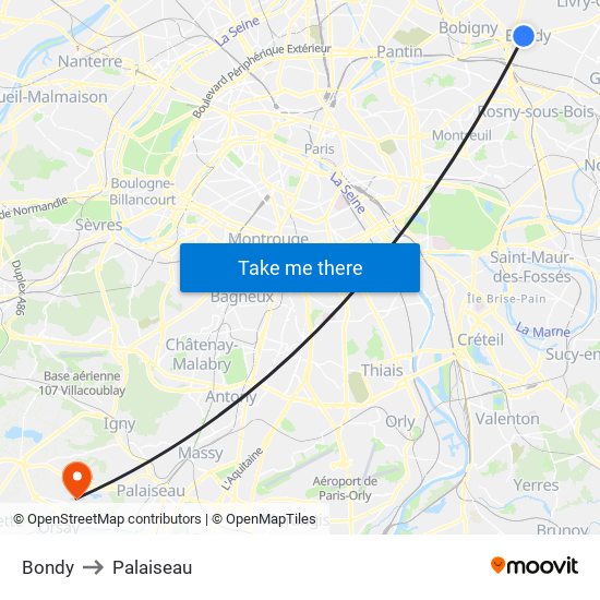 Bondy to Palaiseau map