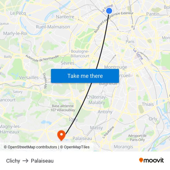 Clichy to Palaiseau map