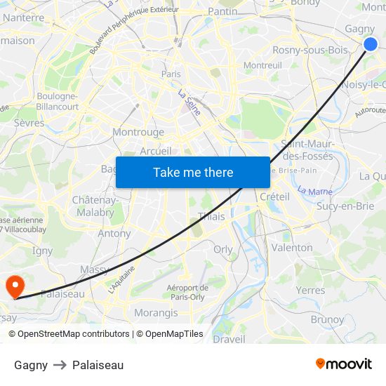 Gagny to Palaiseau map