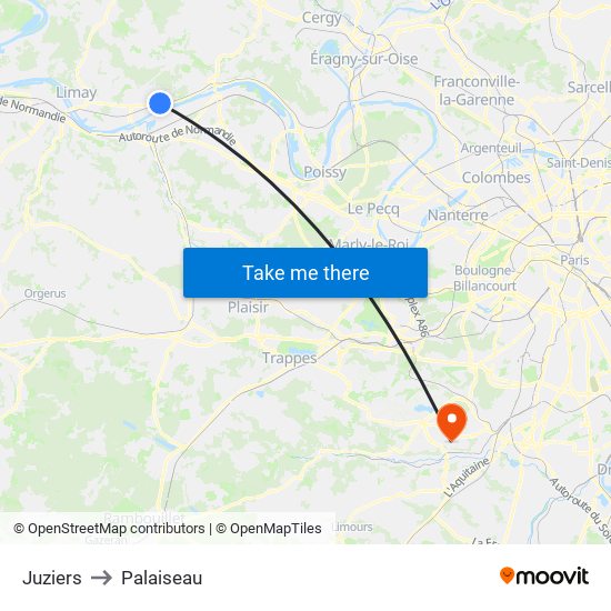 Juziers to Palaiseau map