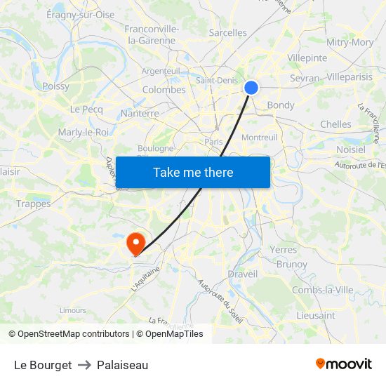 Le Bourget to Palaiseau map