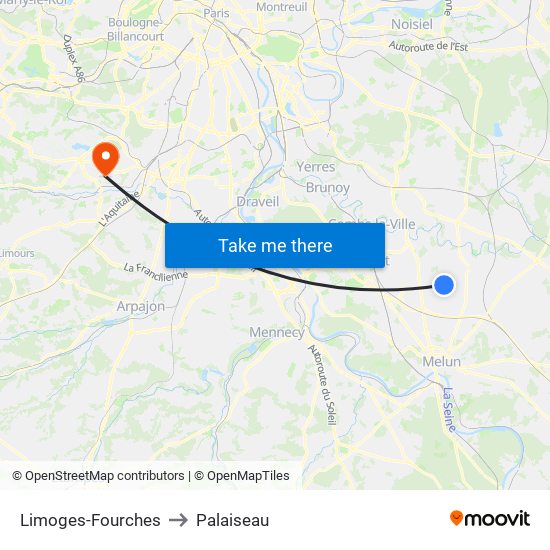 Limoges-Fourches to Palaiseau map
