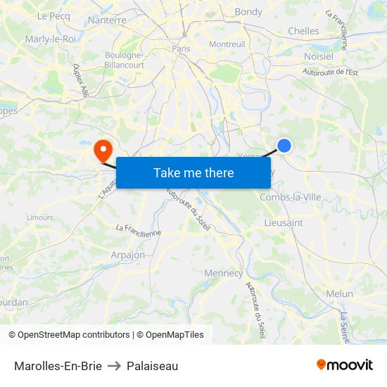 Marolles-En-Brie to Palaiseau map