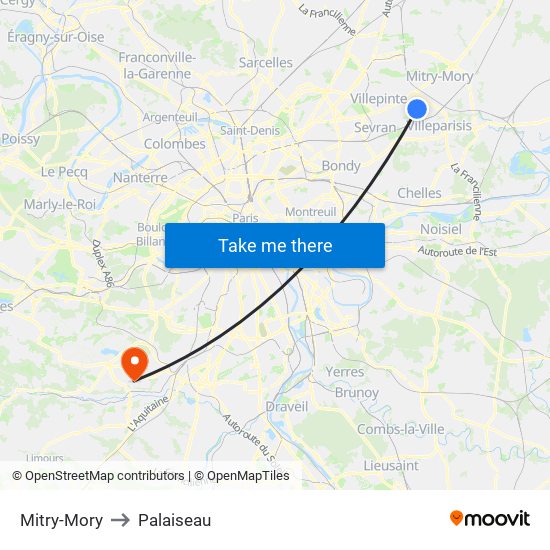 Mitry-Mory to Palaiseau map