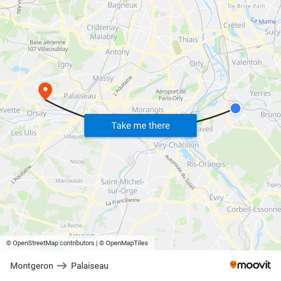 Montgeron to Palaiseau map