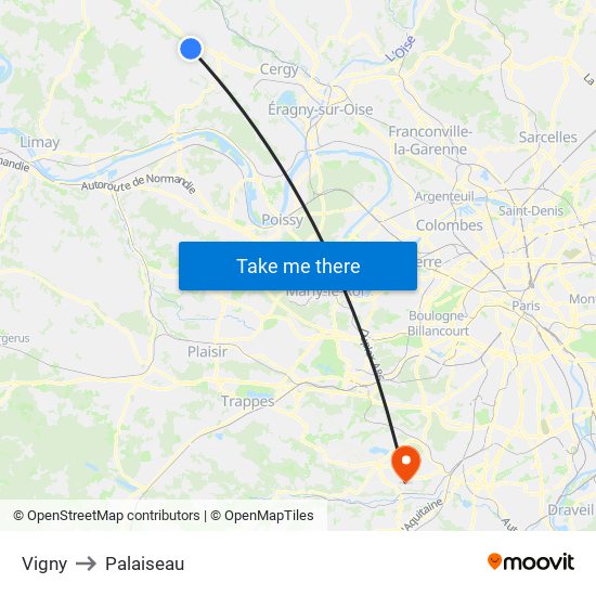 Vigny to Palaiseau map