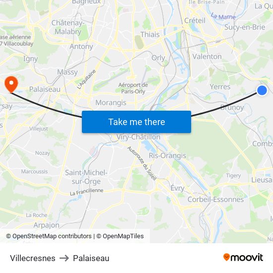 Villecresnes to Palaiseau map