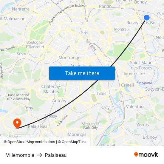 Villemomble to Palaiseau map