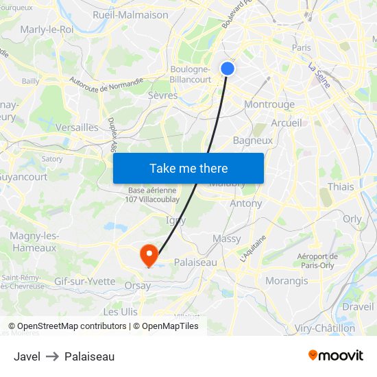Javel to Palaiseau map