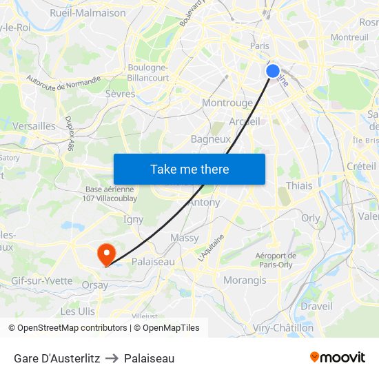 Gare D'Austerlitz to Palaiseau map