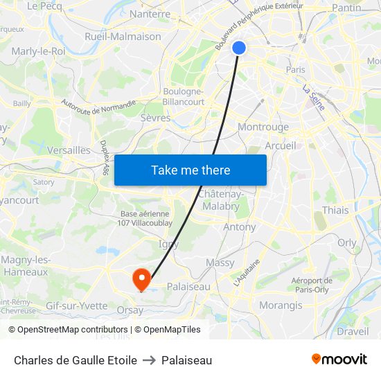 Charles de Gaulle Etoile to Palaiseau map