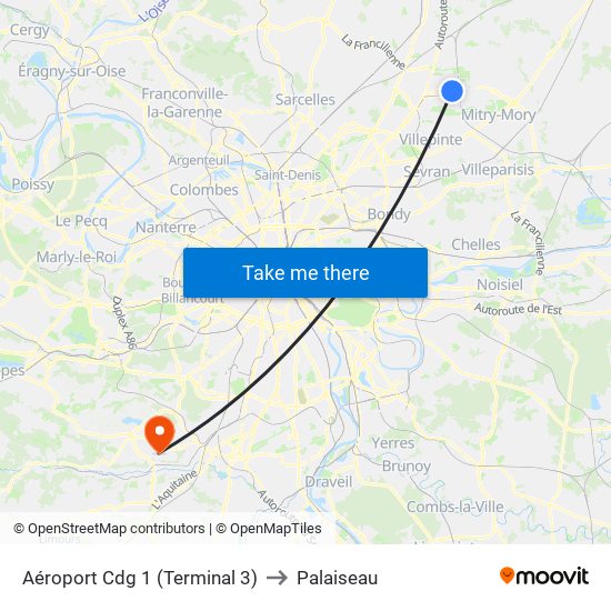 Aéroport Cdg 1 (Terminal 3) to Palaiseau map