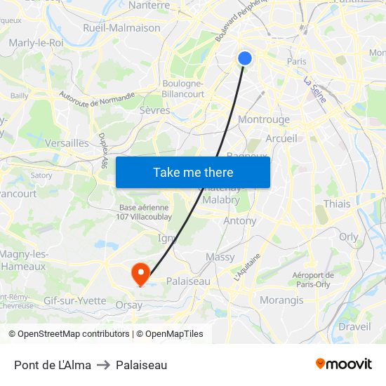 Pont de L'Alma to Palaiseau map
