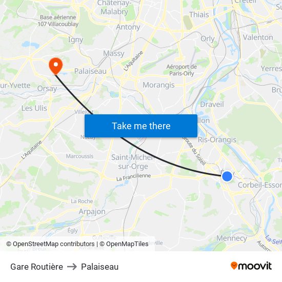 Gare Routière to Palaiseau map