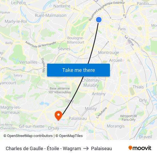 Charles de Gaulle - Étoile - Wagram to Palaiseau map