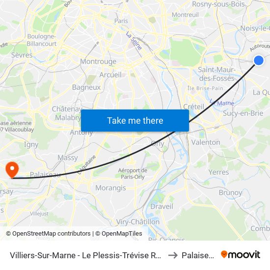 Villiers-Sur-Marne - Le Plessis-Trévise RER to Palaiseau map