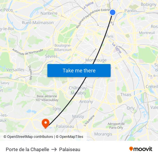 Porte de la Chapelle to Palaiseau map