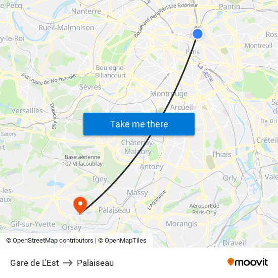 Gare de L'Est to Palaiseau map