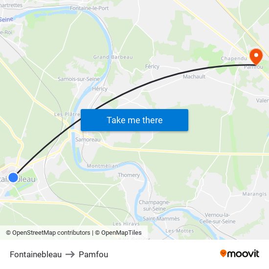 Fontainebleau to Pamfou map